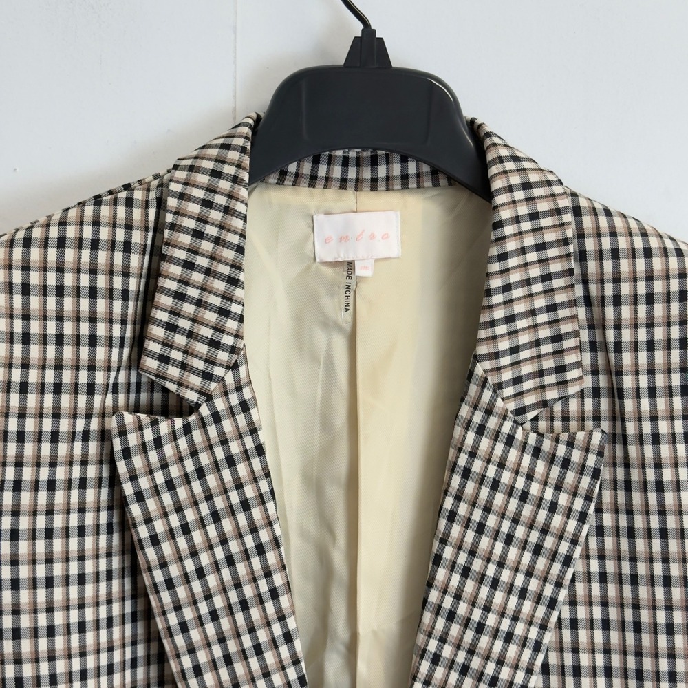 Entro Women Medium Brown Plaid Ruched 3/4 Sleeve Open Front Blazer Jacket - Picture 2 of 8